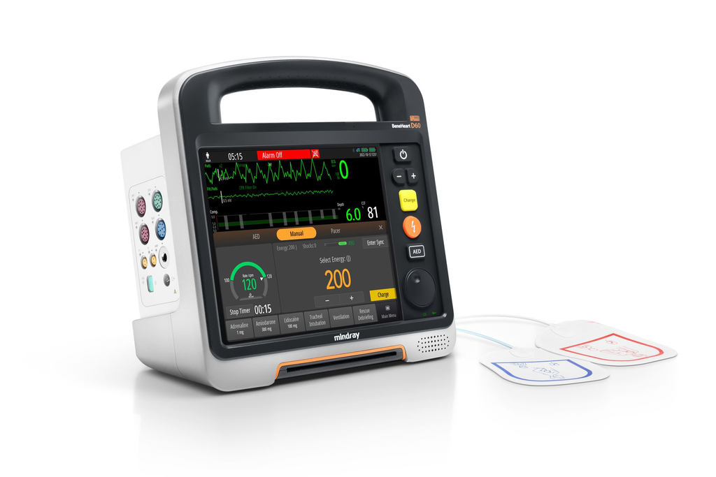 Desfibrilador monitor Mindray BeneHeart D60 con pantalla táctil, vista frontal