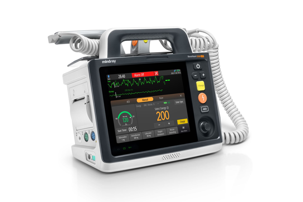 Mindray BeneHeart D30 con paletas externas y cable de paciente